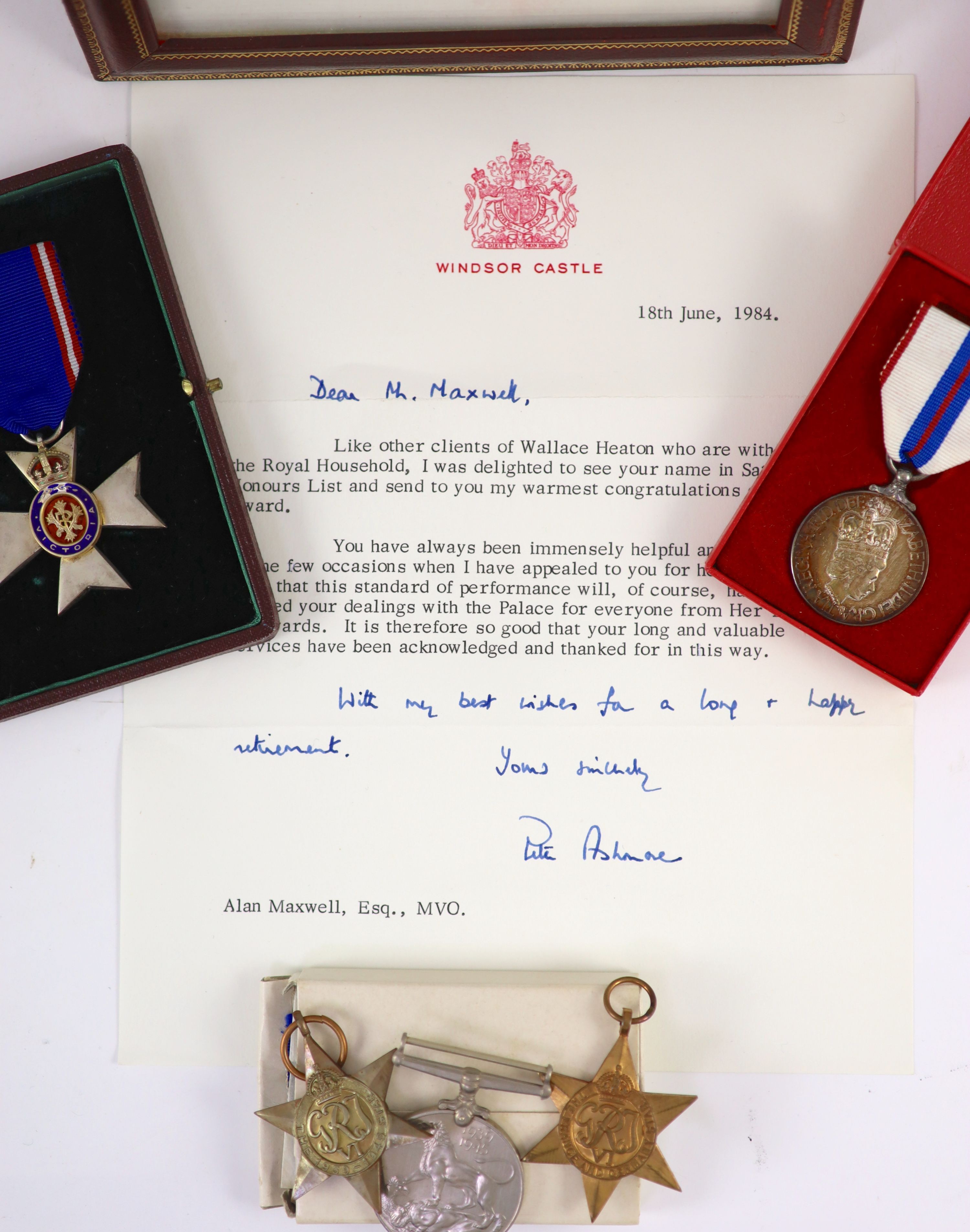 A group medals awarded to Alan Maxwell, including, the Royal Victorian Order, 5th Class, cased, the Queen Elizabeth II Silver Jubilee Medal, cased, together with a framed citation, and three WW2 General Service Medals an